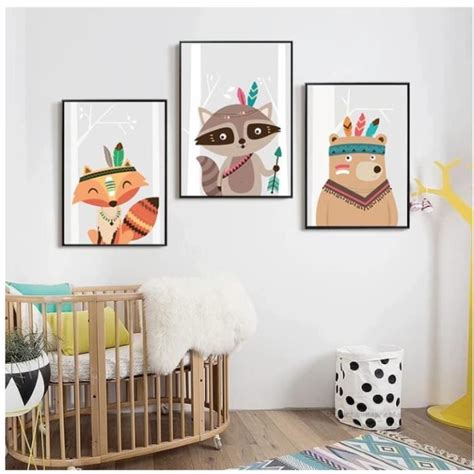 Set De 3 Poster Animaux Jungle Renard Ours Raton Laveur Affiche Bebe