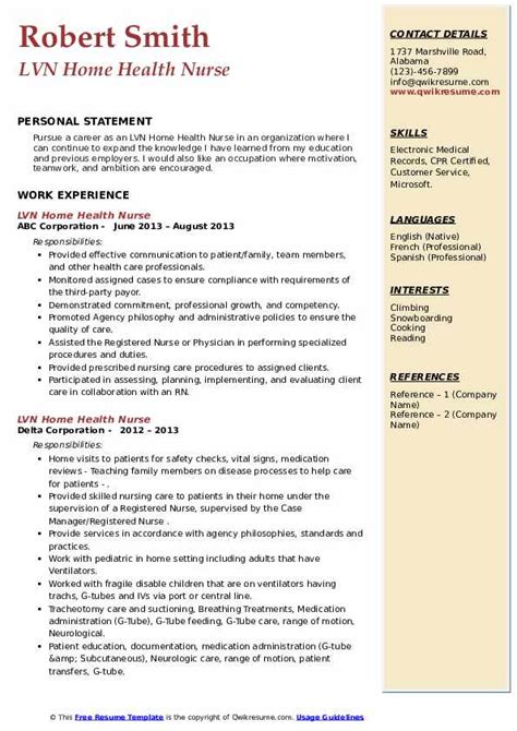 Lvn Home Health Nurse Resume Samples Qwikresume