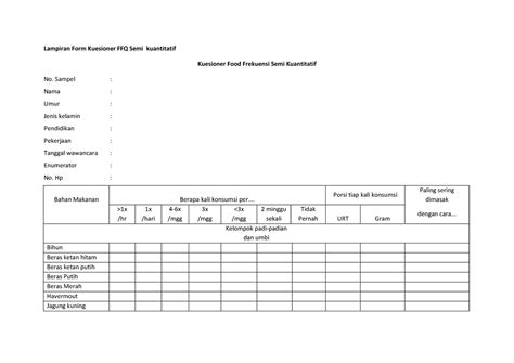 Ffq Semi Kuantitatif Formulir Lampiran Form Kuesioner Ffq Semi