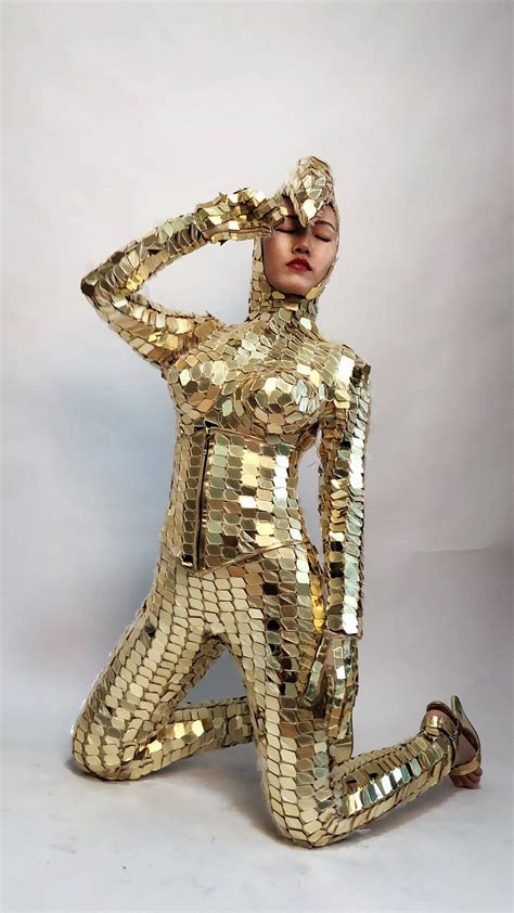 Woman Gold Mirror Costume Jumpsuit Club Party Mirror Suit Ladies Gogo