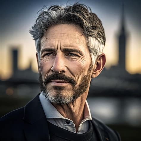 Un Hombre Con Barba Y Bigote Se Para Frente A Un Paisaje Urbano Foto