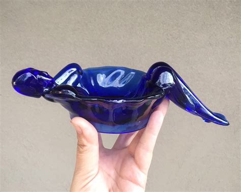 Cobalt Blue Glass Nude Woman Soap Dish Bathing Lady Nymph Trinket Dish