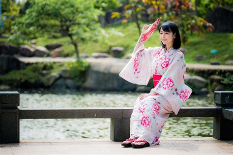 Wallpaper Brunette Girl Bokeh Hand Fan Kimono Female Asiatic Sit