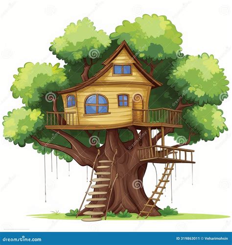 Cute Tree House Cartoon In The Garden Vector Illustration Stock