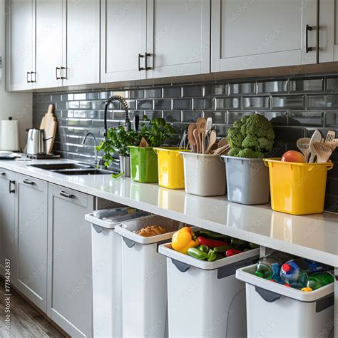 Modern Kitchen With Labeled Waste Separation Bins Glass Paper