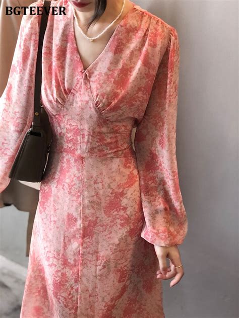 Bgteever 2022 Spring V Neck Women Floral Dress Elegant Full Sleeve Lace