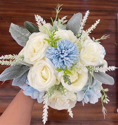 Dusty Blue White Wedding Bouquet Light Blue Cream Bridal Etsy