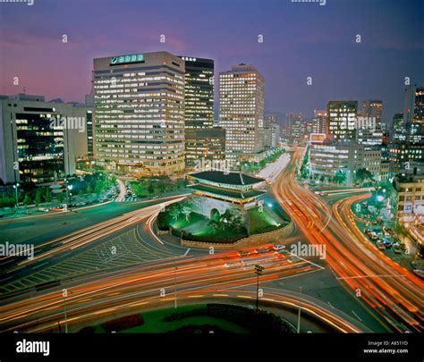 South Korea. Seoul City. Ancient restored South Gate overview at night ...