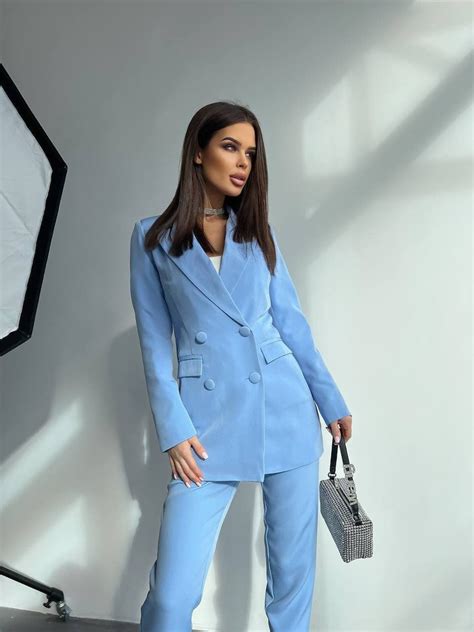 Light Blue Double Breasted Pantsuit For Women Classic Blazer Etsy