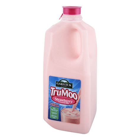 A Gallon Of Trumoo Strawberry Milk On A White Background With A Pink Cap