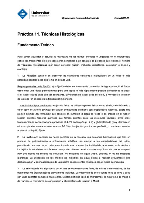 Práctica 11 Fundamento Teórico Técnicas Histológicas Operaciones