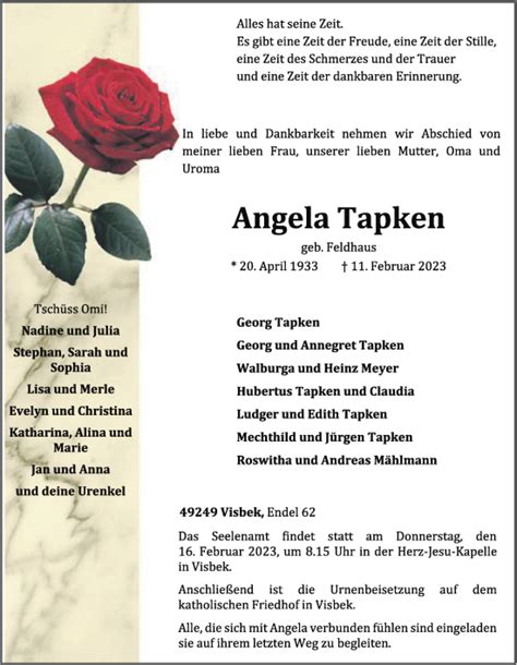 Traueranzeigen Von Angela Tapken Om Trauer De