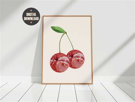 Cherry Disco Ball Print Cherries Poster Trendy Wall Art Retro Pop