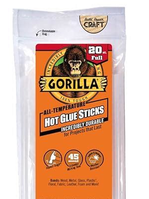Gorilla Hot Glue Sticks Full Size 8 Long X 43 Diameter 20 Count Clear Pack Of 1