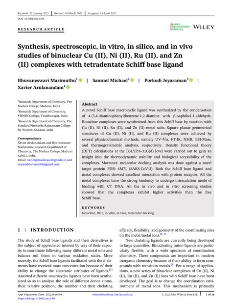 Synthesis Spectroscopic In Vitro In Silico And In Vivo Studies Of