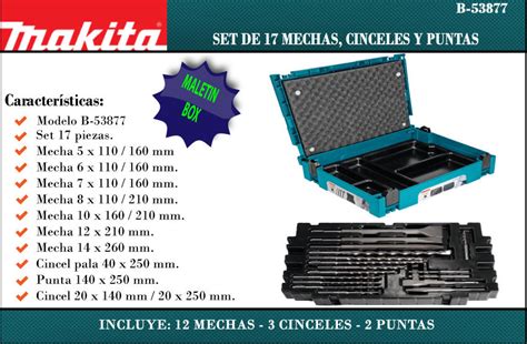 Makita Set 17 Piezas Cincel Mechas Widia Sds Plus Maletin Verde