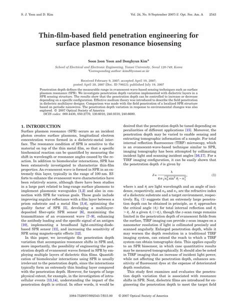 Pdf Thin Film Based Field Penetration Engineering For Surface Plasmon