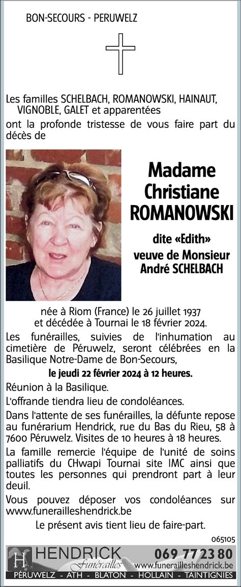 Avis De Décès De Christiane Dite Edith Romanowski Décédé Le 18 02 2024