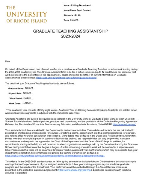 Fillable Online Graduate Assistantship Offer Letter Template Fax