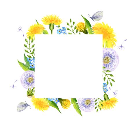 Watercolor Square Frame With Summer Field Flowers Hand Draw