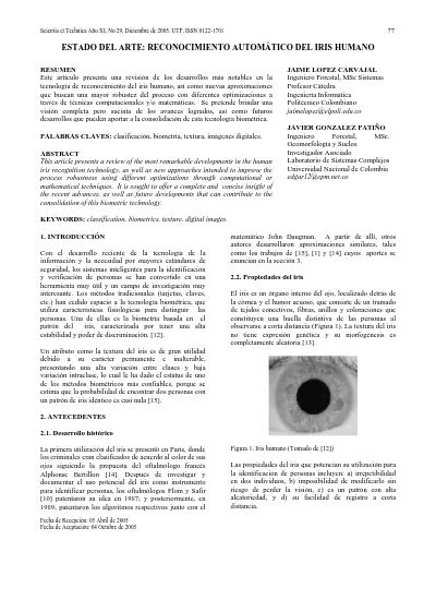 Estado Del Arte Reconocimiento Autom Tico Del Iris Humano