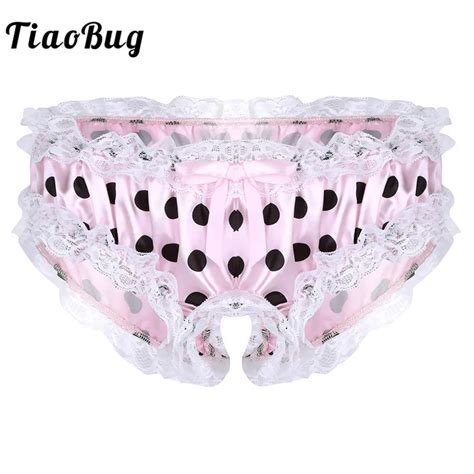 Tiaobug Mens Lingerie Sissy Open Crotch Briefs Soft Shiny Satin Ruffled