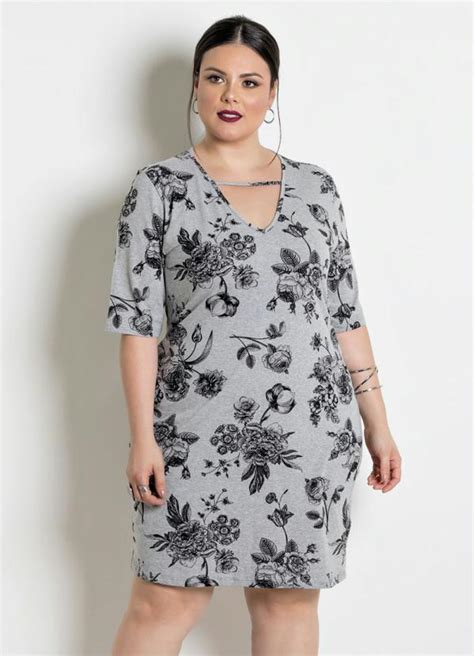 Vestido Mangas 3 4 Plus Size Mescla Floral Marguerite