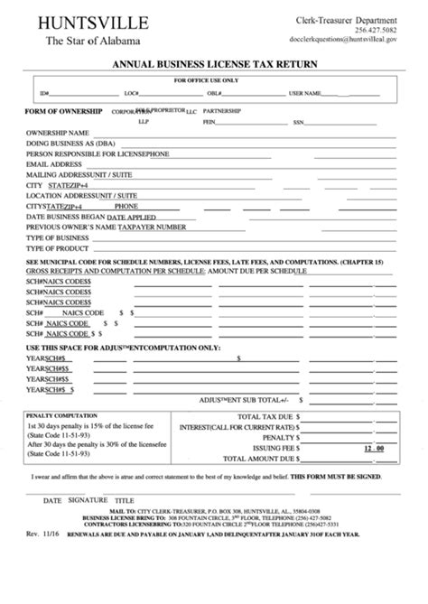 Fillable Annual Business License Tax Return City Of Huntsville