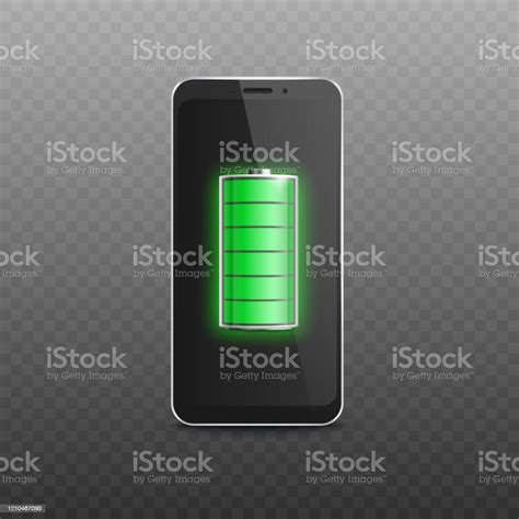 Realistic Full Green Battery Icon On Black Mobile Phone Screen Stock ...