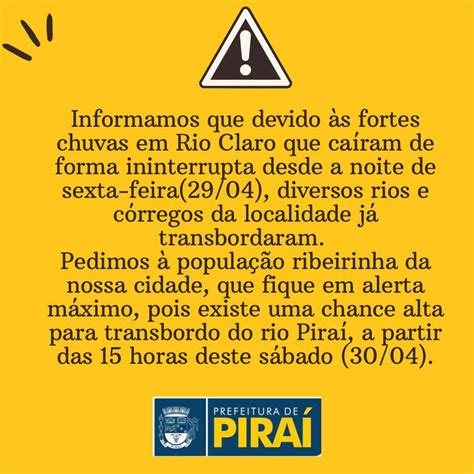 Prefeitura de Piraí emite alerta para possível cheia do rio Folha do