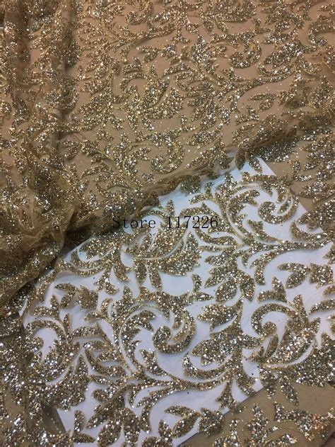 Top Selling French African Glued Glitter Sequence Lace Fabric In Gold