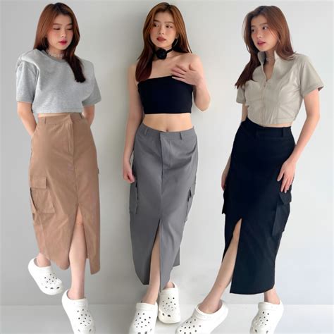 Jual Rok Cargo Belah Cotton Twill Skirt Korean Style Wanita Kekinian