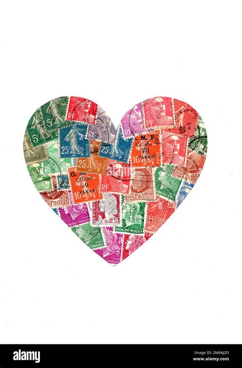 Vintage Postage Stamps Forming The Shape Of A Heart On A White