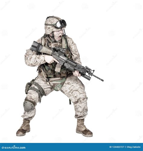 Soldier Crouching Under Fire And Screaming Orders Stock Image Image