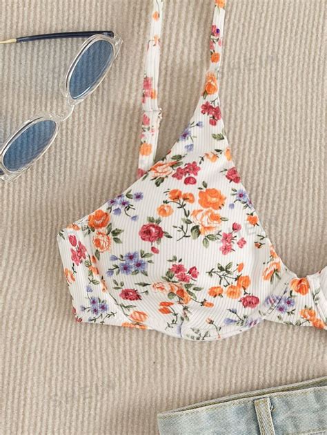 SHEIN Swim Ditsy Floral Underwire Bikini Top Summer Beach Clothes