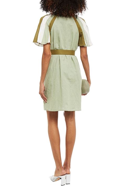 LEO LIN Belted Striped Linen And Cotton Blend Canvas And Crepon Mini