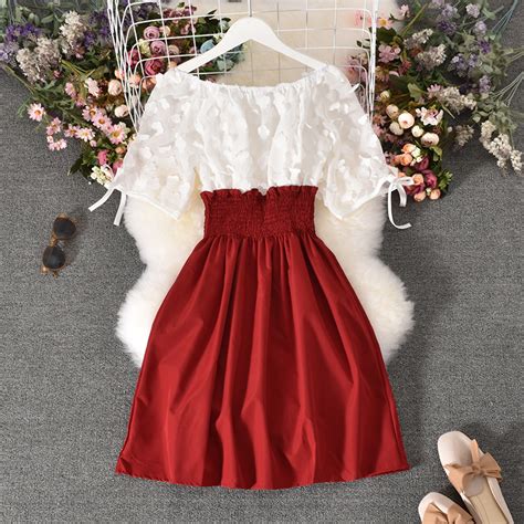 3d Flower Dress Women Sexy Off Shoulder Patchwork Chiffon Short Dress Ladies Korean Sweet Dress