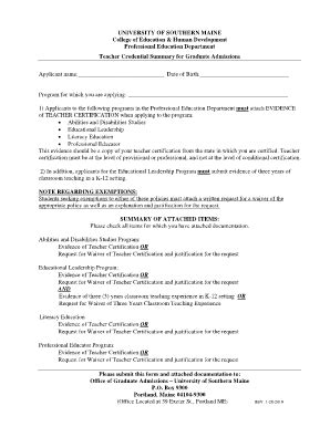 Fillable Online Usm Maine Teacher Credential Summary Form University