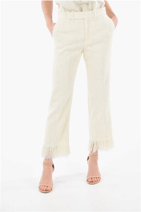 Chloe Textured Silk Tailored Cropped Pants With Fringed Ankles Women