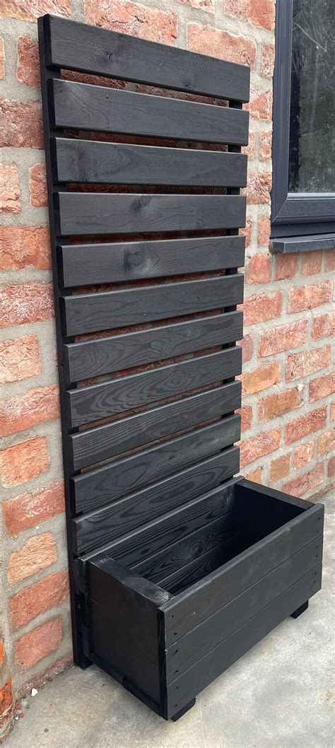 Wooden Garden Black Planter With Trellis Patio Trough Flower - Etsy