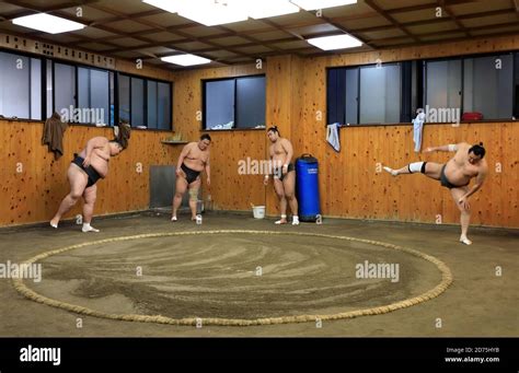 Japanese Sumo wrestlers training inside a traditional Sumo stable in early morning.Koto City ...