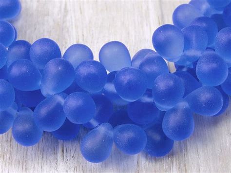 Teardrop Briolette Beads Iced Frosted Matte Sapphire Blue Seaglass