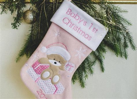 Baby's First Christmas Stockings Bear, Pink | Heart's Sign