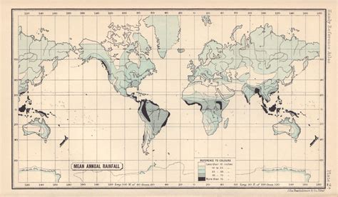 World Mean Annual Rainfall Bartholomew Old Antique Map Plan Chart