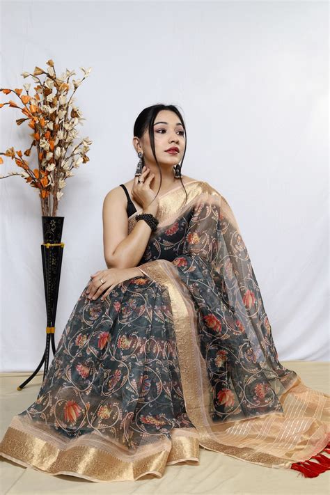 Buy Online Organza Kalamkari Printed Saree With Jacquard Weaving Border