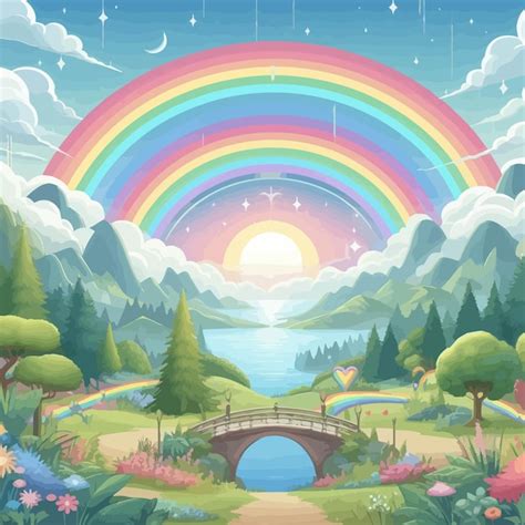 Premium Vector A Rainbow With A Rainbow In The Sky And Trees