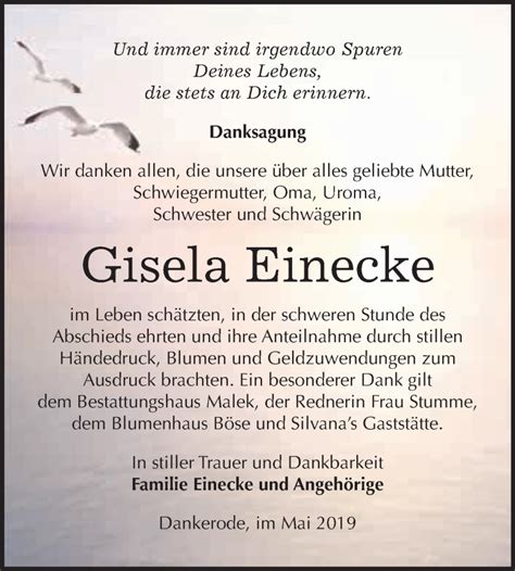 Traueranzeigen Von Gisela Einecke Abschied Nehmen De