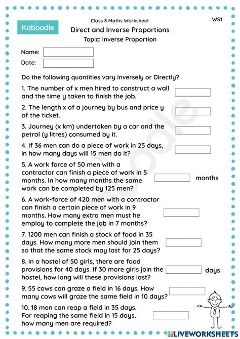 Algebra 2 â Lesson 10A Worksheet Direct Inverse and Joint