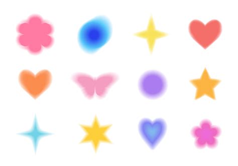 Y2k style blurred gradient shapes set. Blurry flower, heart, butterfly, star, aura aesthetic ...