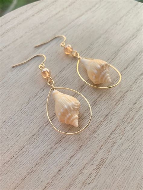 Gold Seashell Earrings Beaded Handmade Wire Wrapped Sanibel Shells